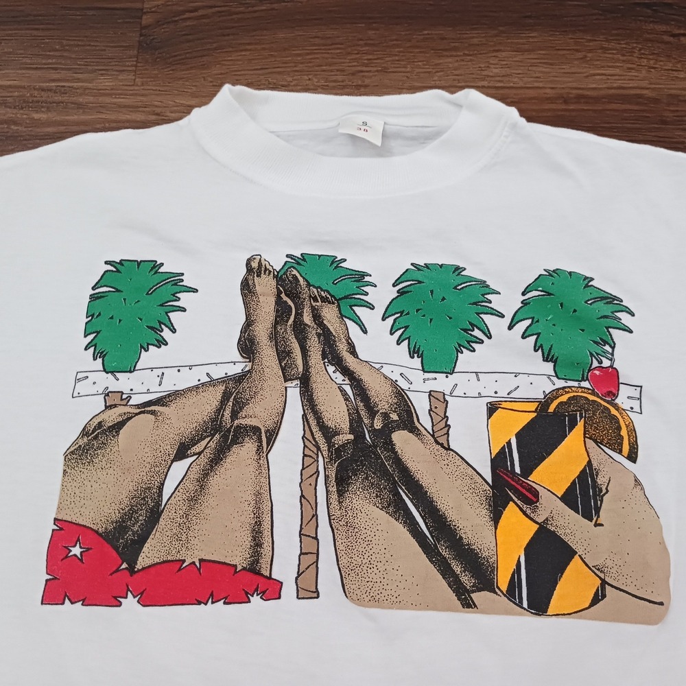 Vintage Tropical Beach Graphic T-Shirt White Summer Palm Trees Mens Small